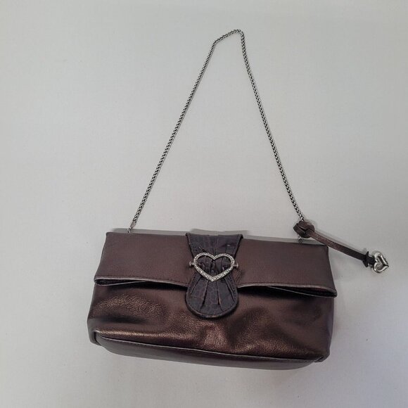 Brighton Scarlet Bronze Fold Over Leather Handbag Silver Strap W/Dust Bag EUC - Picture 3 of 12